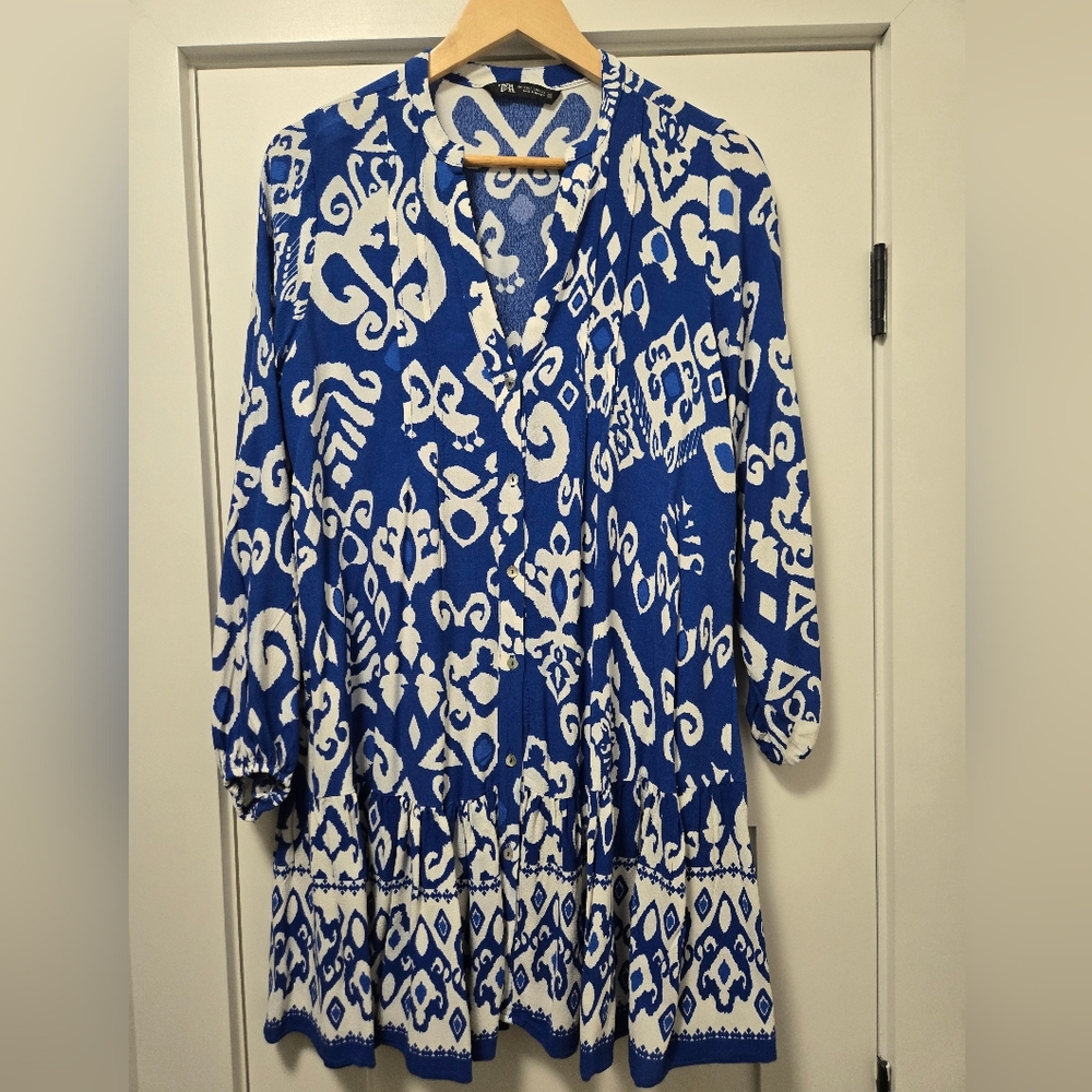 NWOT - Zara Blue and White Ruffled Tiered Sundress - Picture 2 of 8